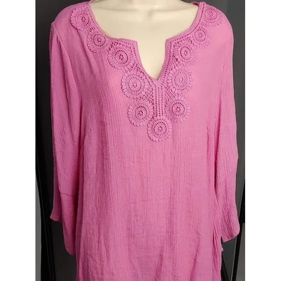 Zac & Rachel Womens Pink Crochet ‎ Blouse XL 3/4 Sleeve High Low Hem Lightwei - Picture 3 of 11